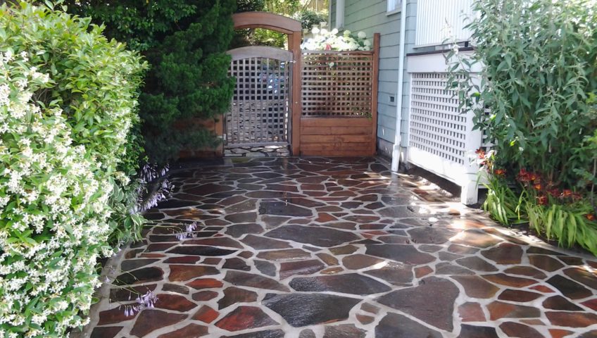 Mortared stone patio after