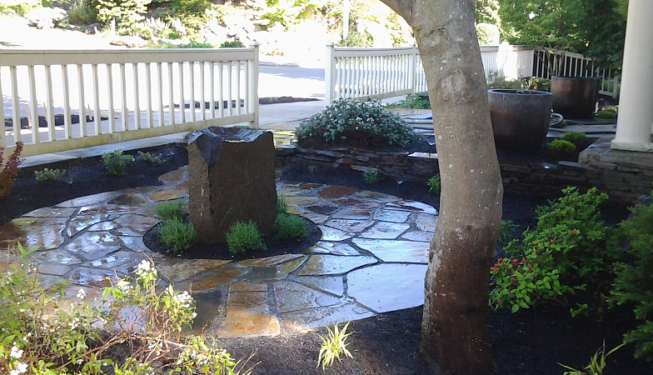 Flagstone patio with water dish